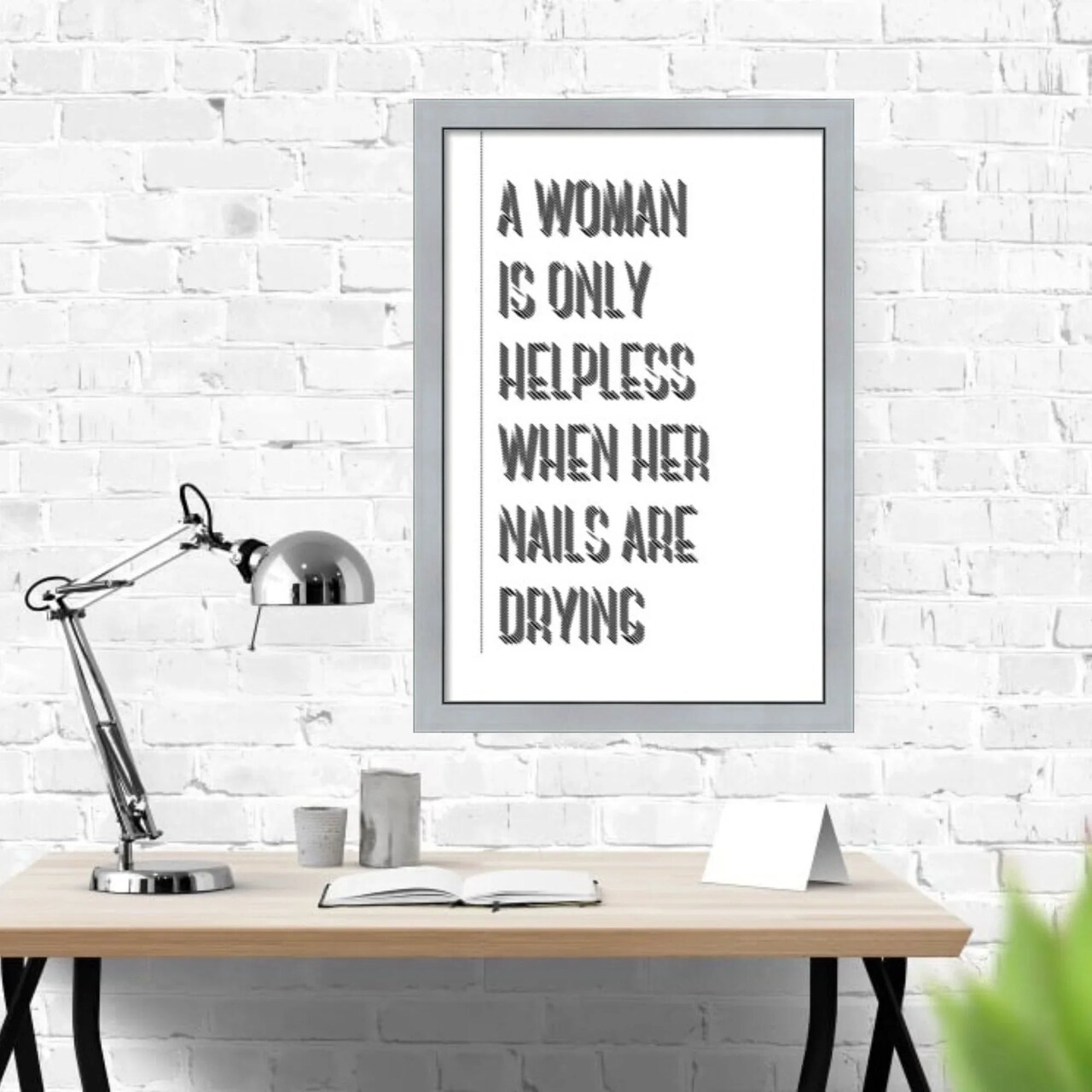 24x36 Framed Wall Art – "A Woman Is Only Helpless When Her Nails Are Drying" Quote – Silver Metallic Frame | Salon Wall Decor for Nail Salon, Hair Studio, Glam Room, Beauty Bar